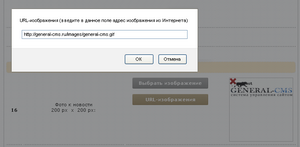 Скриншот загрузка картинки на сайт через URL-адрес на сайт, без выбора картинки на компьютере пользовыателя General-CMS